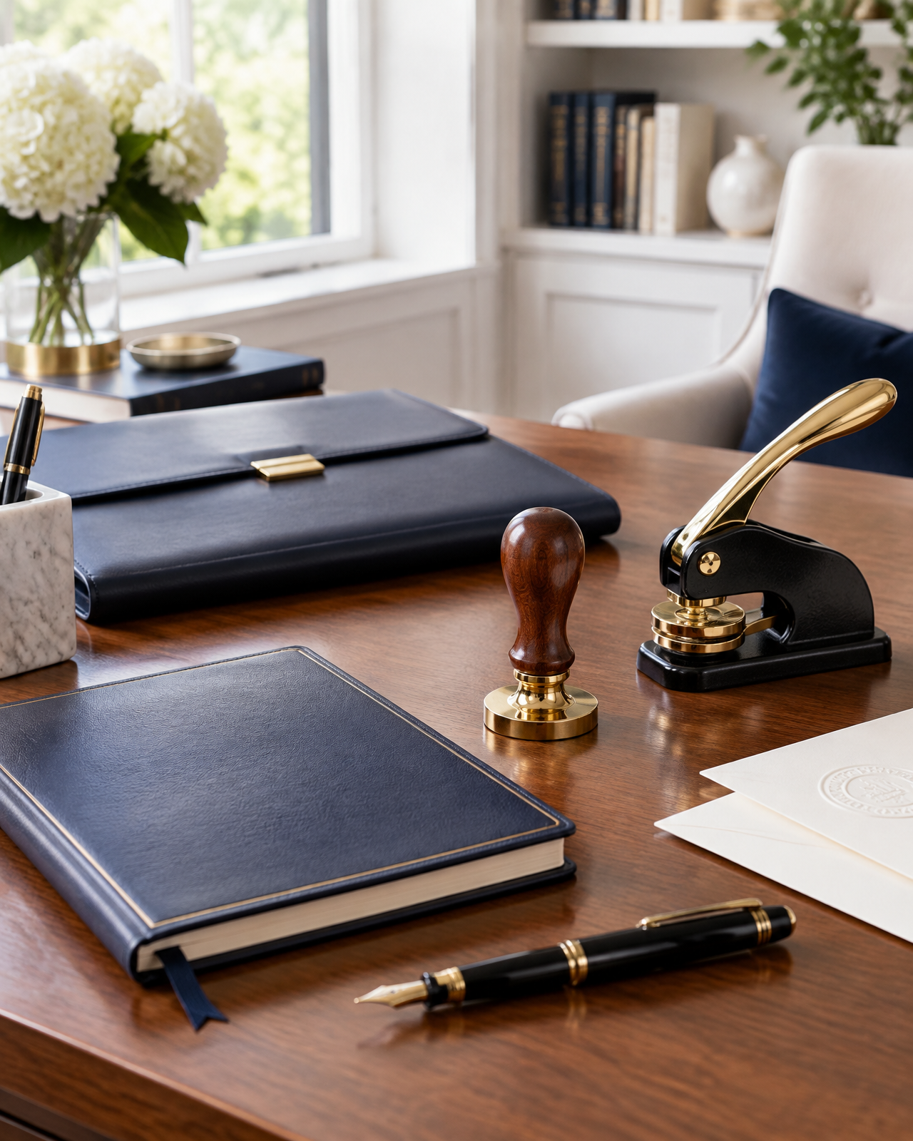 Professional notary kit arranged on a desk