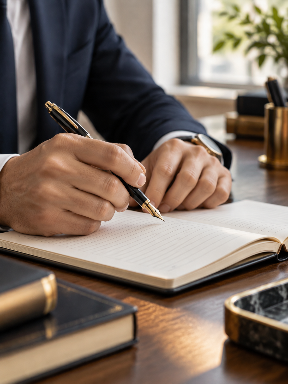 Hands holding a fountain pen above a notebook